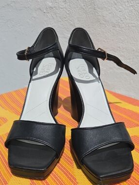 Franco Sarto Black Open-Toe Ankle-Strap Block Heels